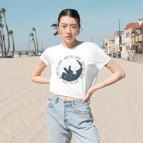Cat T-shirt - Nap All Day - Women's Flowy Cropped Tee