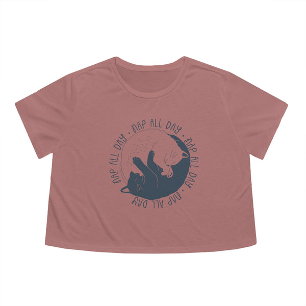 Cat T-shirt - Nap All Day - Women's Flowy Cropped Tee