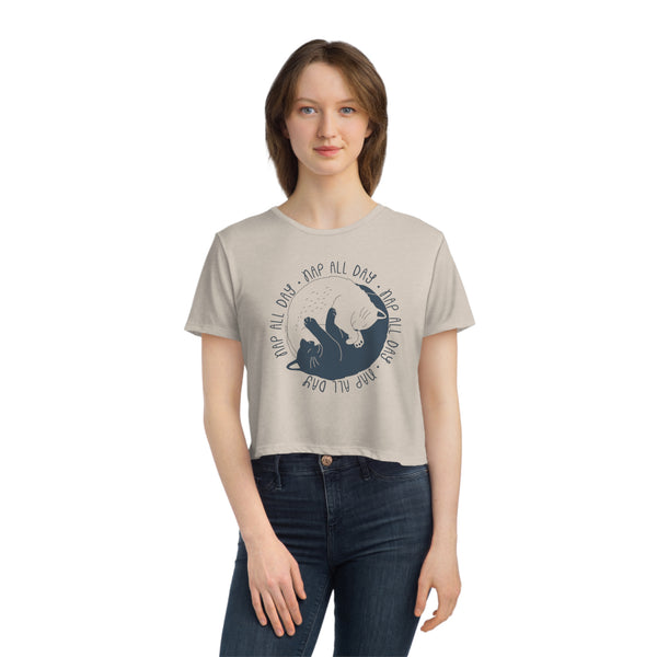 Cat T-shirt - Nap All Day - Women's Flowy Cropped Tee