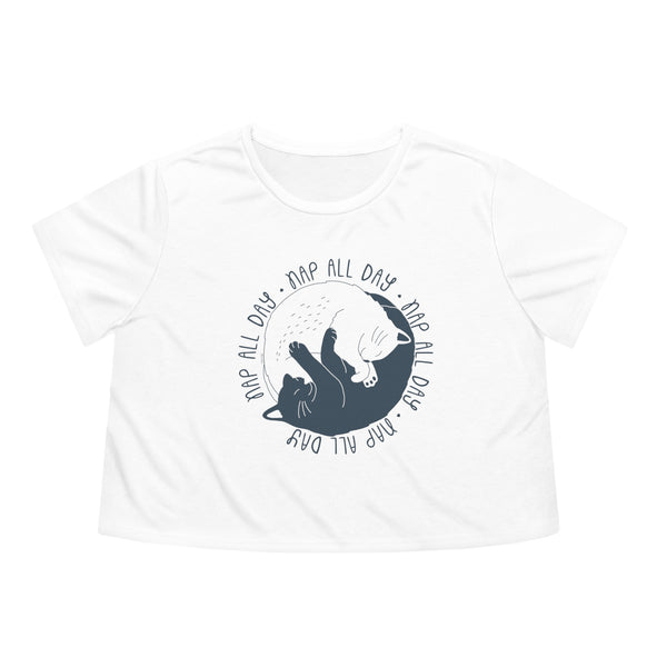 Cat T-shirt - Nap All Day - Women's Flowy Cropped Tee