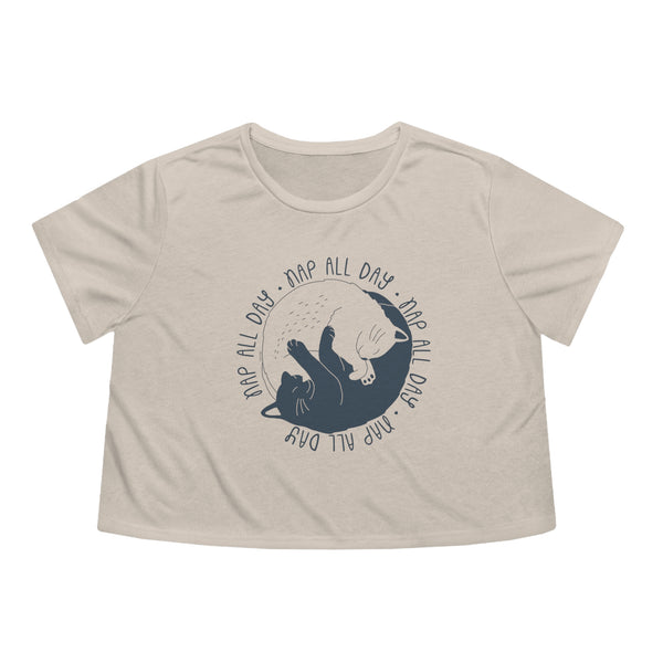 Cat T-shirt - Nap All Day - Women's Flowy Cropped Tee