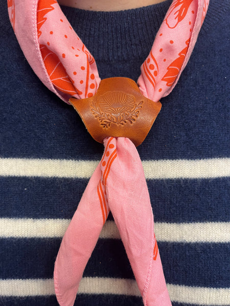 Poppy Stamped Leather Bandana Slide - Warm Brown