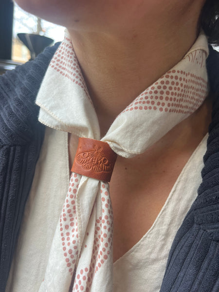 Moth Stamped Leather Bandana Slide - Warm Brown