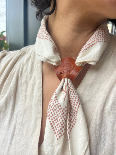 Poppy Stamped Leather Bandana Slide - Warm Brown